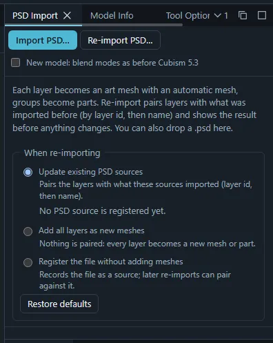 The PSD Import panel before a file is chosen: the Import PSD and Re-import PSD buttons and the When re-importing choices.