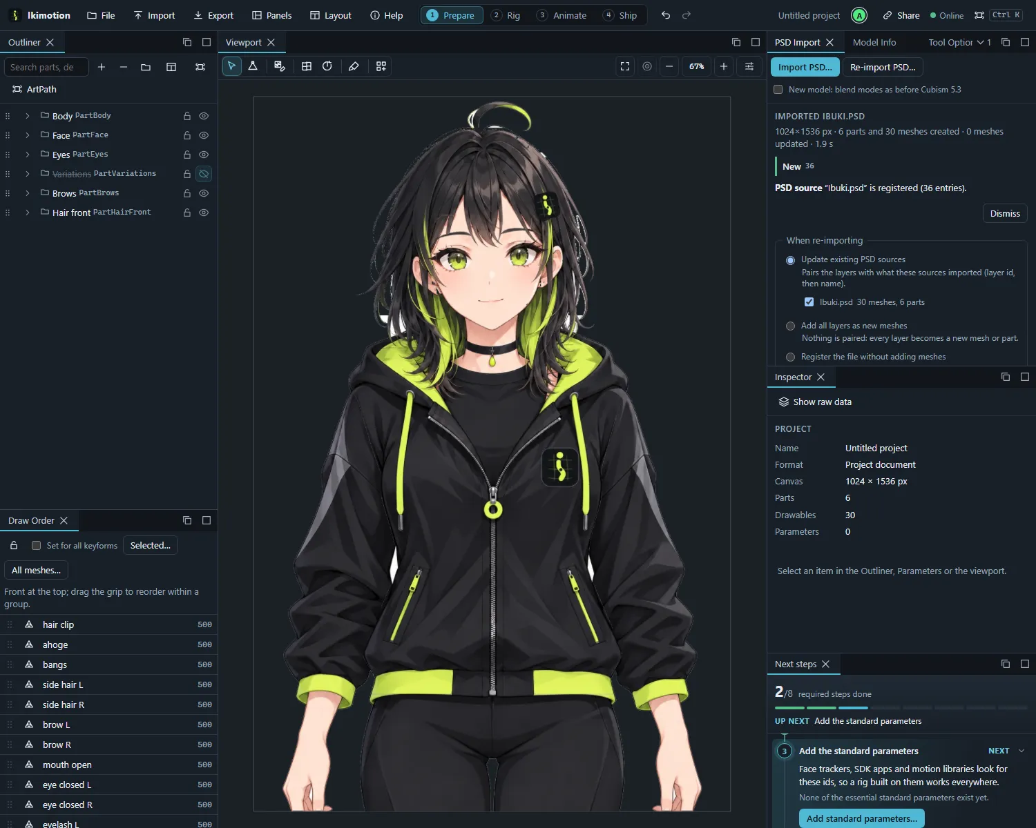 The editor after importing Ibuki’s PSD: the imported parts and meshes in the viewport and the PSD Import panel reporting what was created.