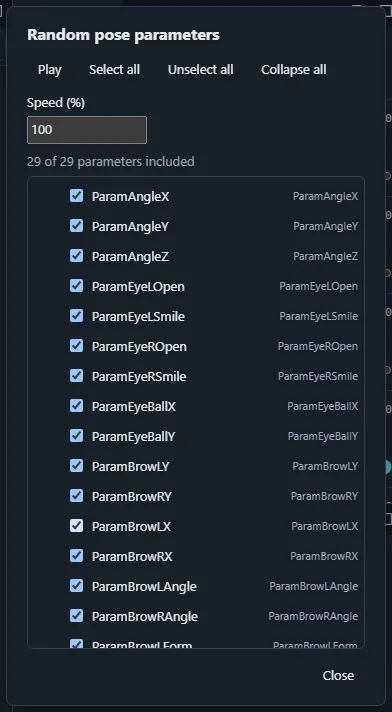The Random pose parameters dialog listing the parameters that take part.