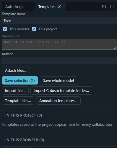 The Templates panel with a template name entered and the Save selection and Save whole model buttons.