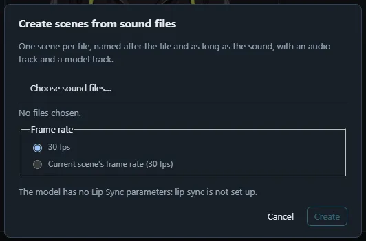 The Create scenes from sound files dialog with the Choose sound files button.