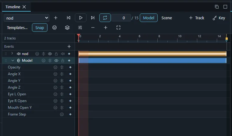 The Timeline of a scene made from a sound file, with an audio track and a model track.