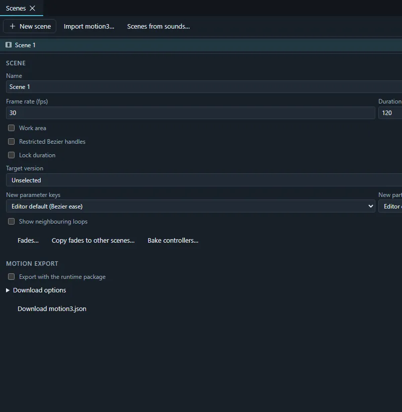 The Scenes panel with a scene selected and its settings, scene options and motion export.