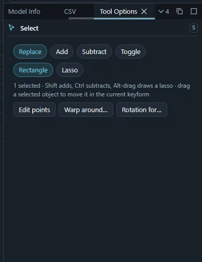 The Tool Options panel of the Select tool with the selection mode buttons.