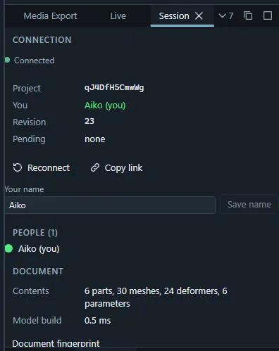 The Session panel showing the connection state, the pending changes count and the Reconnect button.