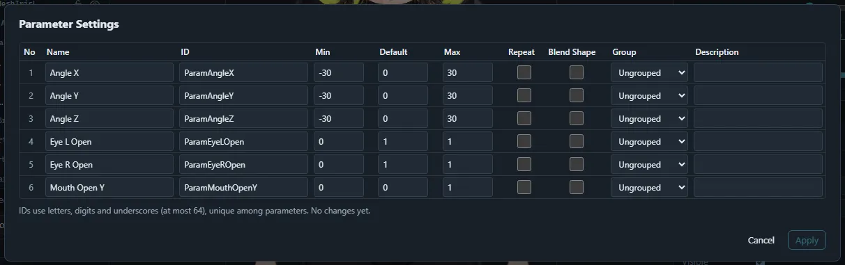 The Parameter settings dialog with one table of every parameter.