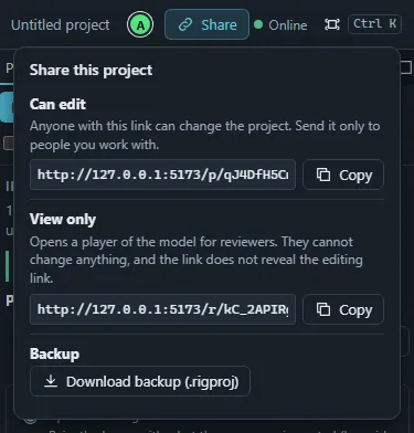 The Share panel with the role, the invite links, the members, the project link, the view-only link and the backup download.