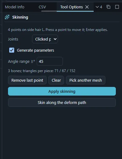 The Tool Options panel of the Skinning tool with the joint choice, Generate parameters, angle range and the Apply skinning button.