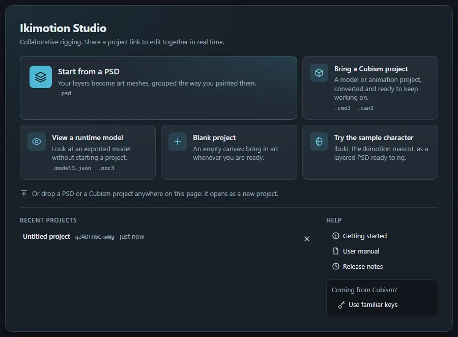 The Ikimotion Studio start page: the Start from a PSD, Bring a Cubism project, View a runtime model, Blank project and Try the sample character tiles, the recent projects, the help links and the Use familiar keys button.