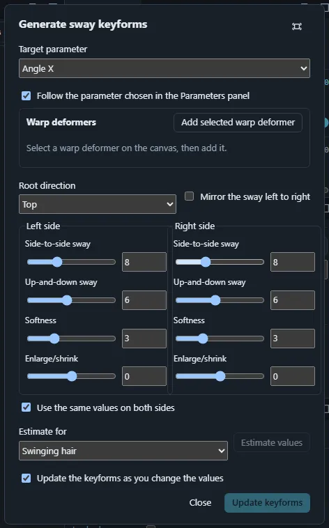 The Generate sway keyforms window with the target parameter, the added warp deformers, the root direction and the sway settings.