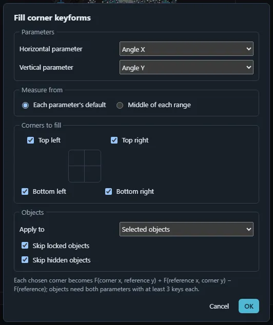 The Fill corner keyforms dialog with the two parameters, the corners to fill and the target objects.