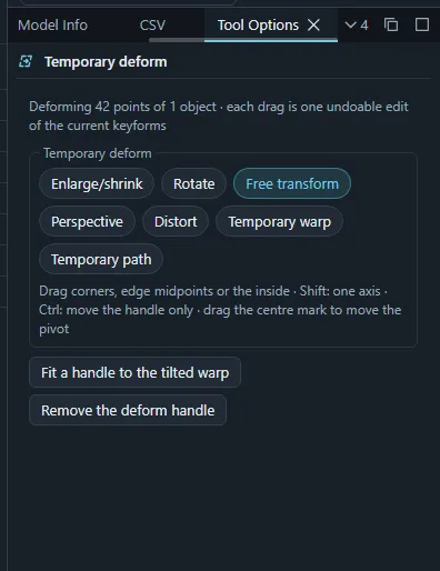 The Tool Options panel of Temporary deform with its transformation modes.