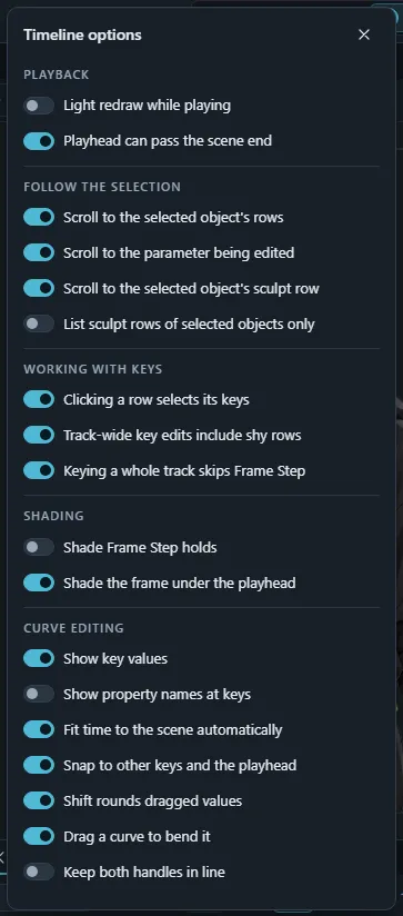The Timeline options popover with its switches grouped by task.
