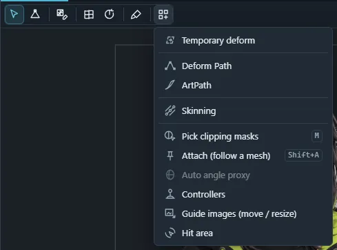 The tool strip with its More tools list open: each tool with its own icon, name and shortcut.