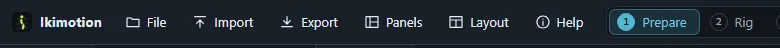 The top bar with the Ikimotion, File, Import, Export, Panels, Layout and Help menus and the stage bar with Prepare, Rig, Animate and Ship.