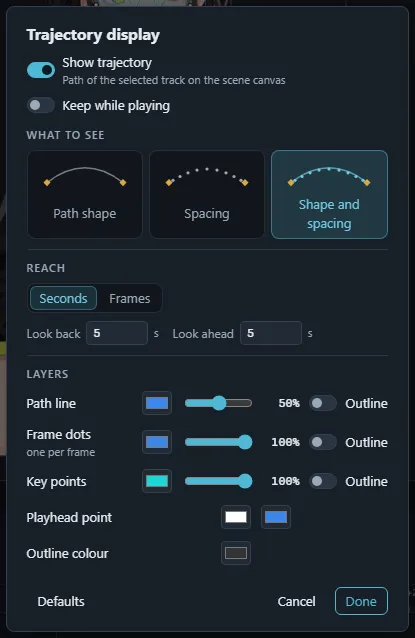 The Trajectory display dialog with the three looks, the reach and the layers.