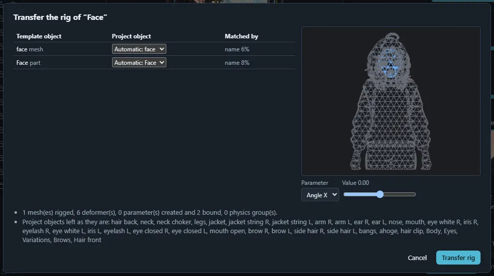 The Transfer rig dialog with the Object mapping table and the preview canvas.