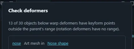 The Check deformers dialog listing objects whose points stick out of their parent warp, with an Expand button.