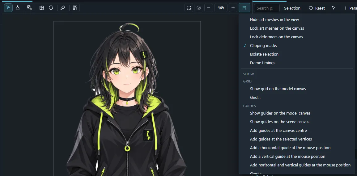 The more view options menu with the canvas filters and the Show and View entries.