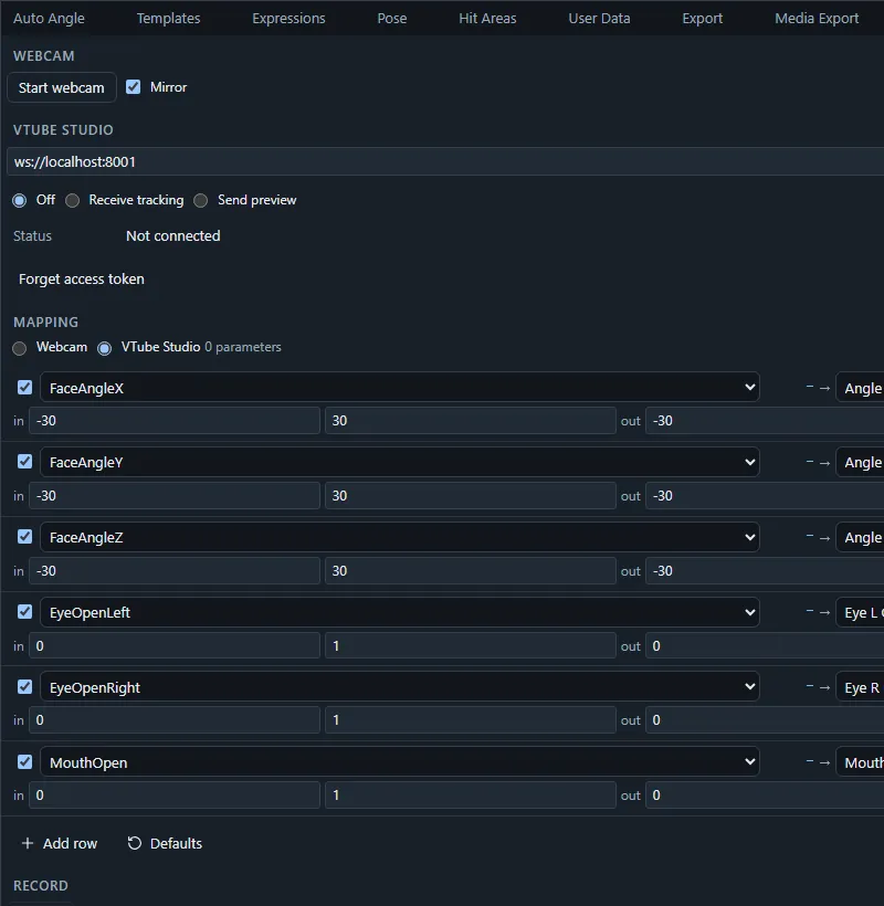 The Live panel with the VTube Studio connection settings and its mapping table.