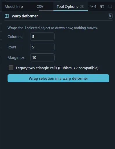 The Tool Options panel of the Warp deformer tool with the columns, rows and margin settings and the Wrap selection in a warp deformer button.