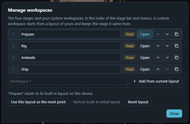 The Manage workspaces dialog listing the four stages and a custom workspace with rename, reorder and duplicate controls.